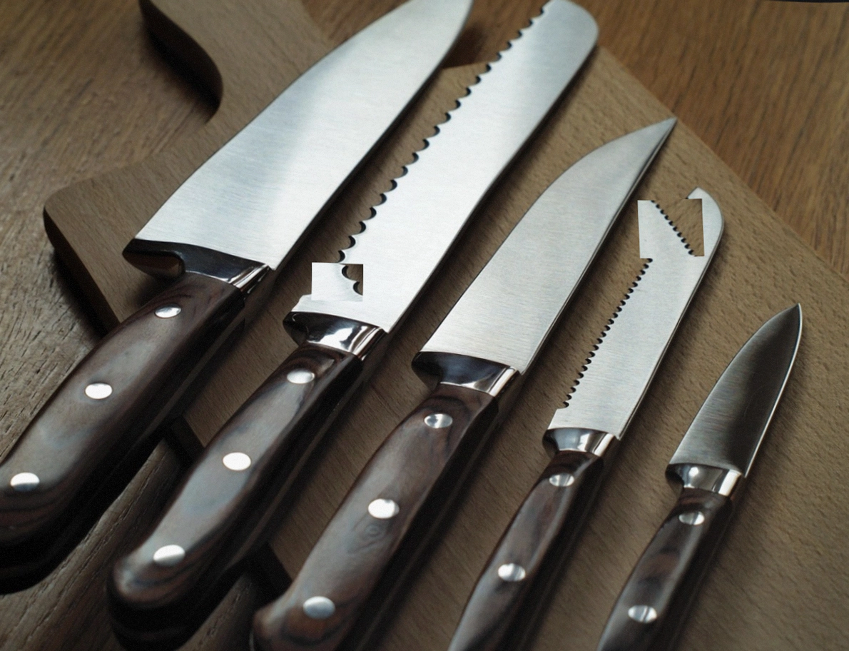 Three matching damascus knives laid out on the bench